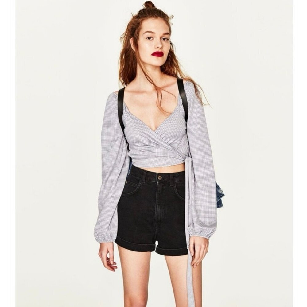 Zara Trafaluc Gingham Wrap Crop Top Long Balloon Sleeves Size Small EUC